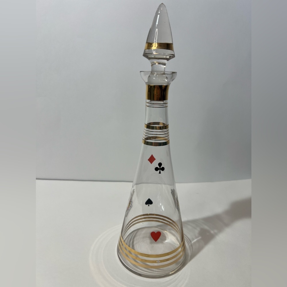 VTG Glass Carafe W/ Stopper Decanter Poker Cards Gold Accents MCM - Picture 4 of 12